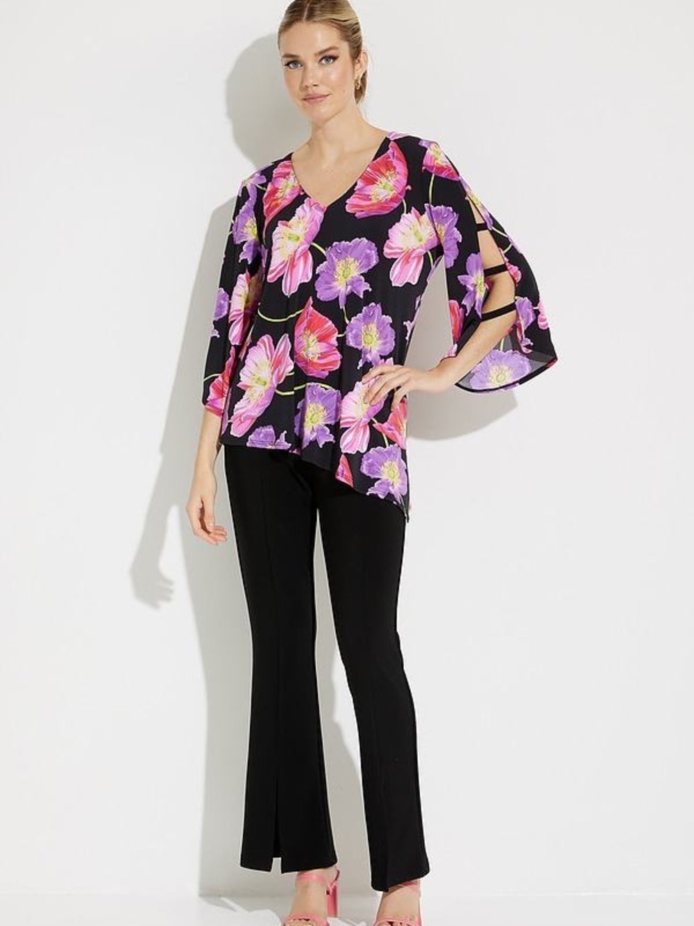 Joseph Ribkoff Top Blouse Floral Black 8 Medium Long Open Sleeve asymmetrical - Picture 6 of 8